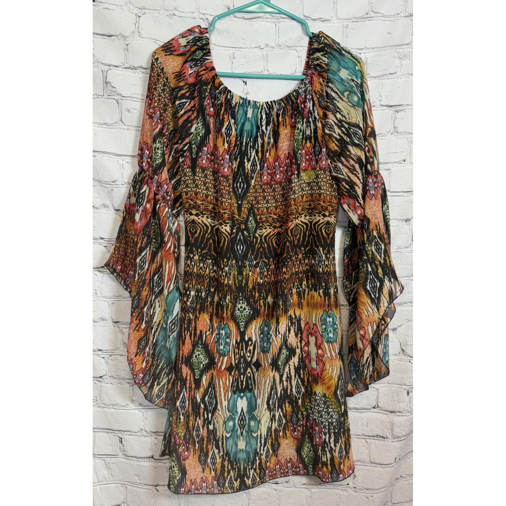 TRUTH NYC Bohemian Print Bell Sleeve Mini Dress Women's Size Large - Picture 2 of 5